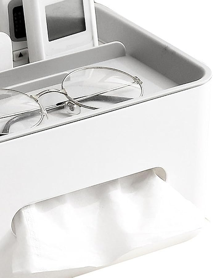 غطاء صندوق المناديل متعدد الوظائف مع حامل جهاز التحكم عن بعد قاعدة بيضاء غطاء رمادي لغرفة المعيشة والمكتب - Image 4